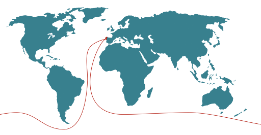 Mapa do mundo coa ruta da circunnavegación do Agitator desde A Illa de Arousa
